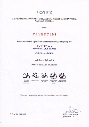 Certifikát Sotex bavlna/elastan